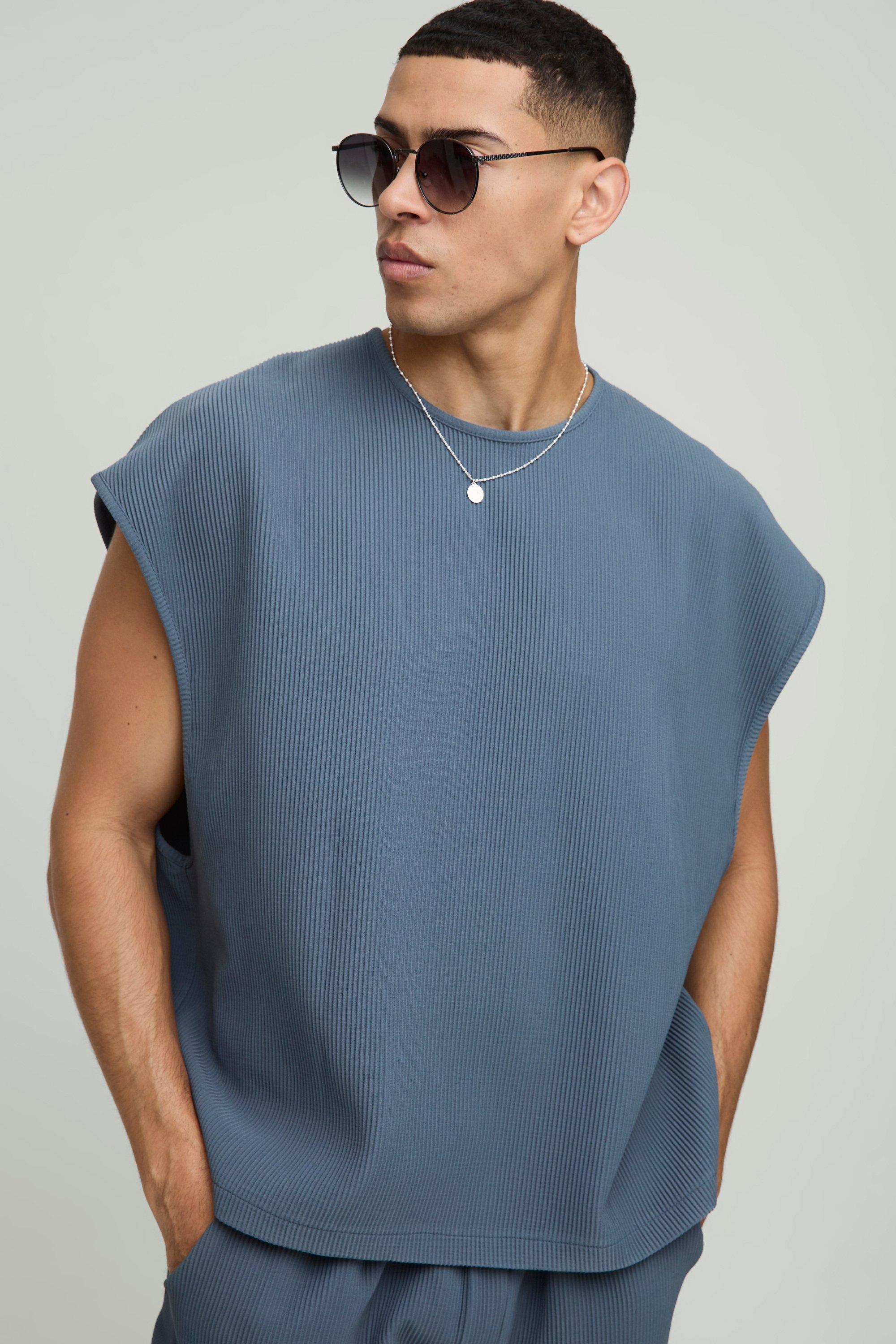 Mens Blue Oversized Boxy Pleated Cap Sleeve vest, Blue